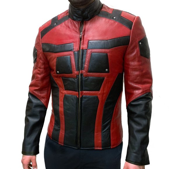 DAREDEVIL Charlie Cox Maroon & Black Leather Biker Jacket - NEW - Picture 1 of 11